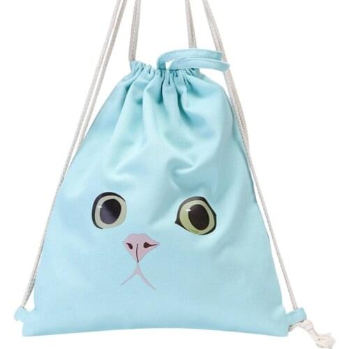 Coofit Lovely Cartoon Backpack Drawstring Bags Girls Cute Bear Cat Pattern Canvas School Bag Travel String Backpack For Teenager
