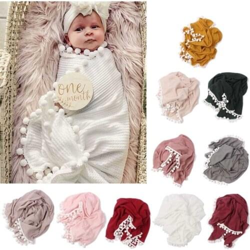 Baby Soft Cotton Receiving Blanket Waffle Knitting Hairballs Tassel Swaddle Wrap