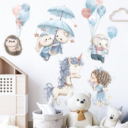 Unicorn Wall Sticker for Childrens Room Cartoon Rabbit Elephant Sticker Balloon Girl Wall Decal Bedroom Background Wall Decor