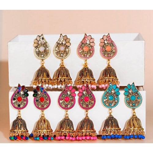 5 Color Ethnic Pink Wings Indian Jewelry Tribe Gold Hollow Alloy Flower Jhumka Earrings Fashion Jewelry