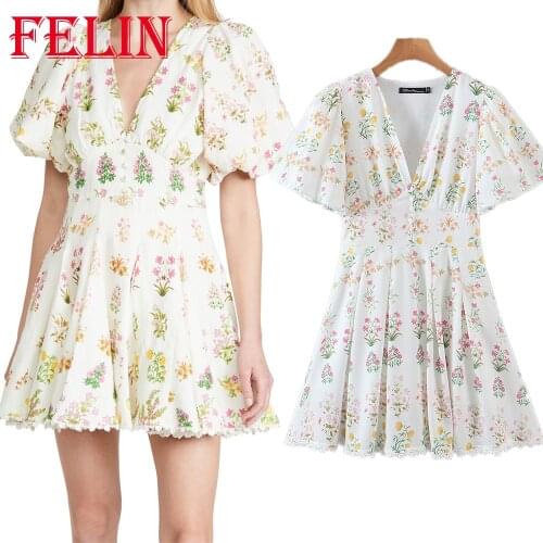 FELIN Za 2021 Chiffon Holiday Style Dress Women Deep V Neck Short Puff Sleeve Vintage Mini Dress Summer Boho Vestidos