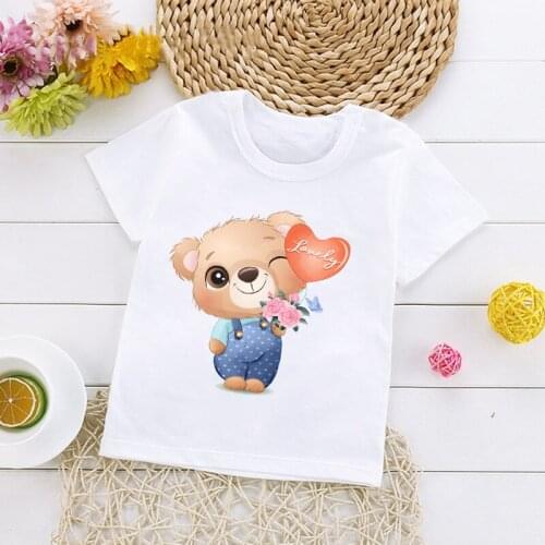 Cute Little Bear Holding Loverly Balloons Print Kids T-Shirt Baby Girls Funny T Shirt Summer Children Birthday Gift 2021