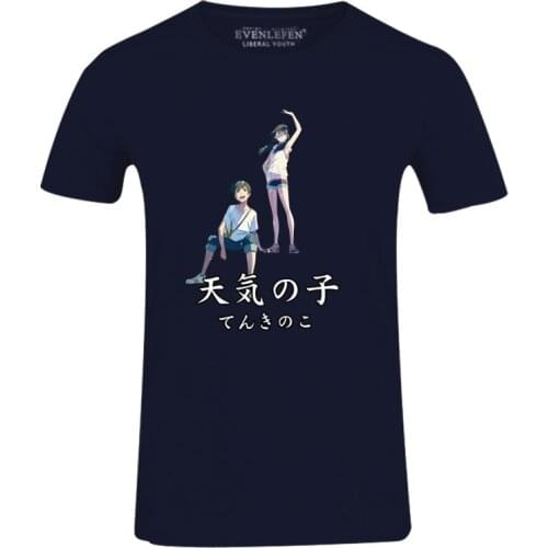 High-Q Unisex Anime Weathering with you Cotton T-Shirt Tee O-Neck Morishima Hodaka Amano Hina Navy Casual T-Shirt Tee T shirt