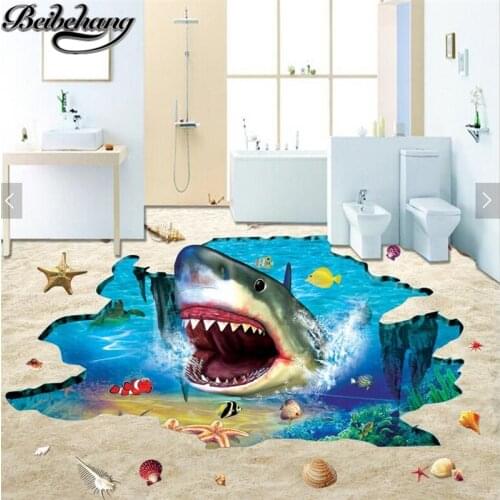 Beibehang Customized Self-adhesive flooring 3D Dream Underwater World Big Shark Submarine Floor Tile Floor Painting Wallpaper