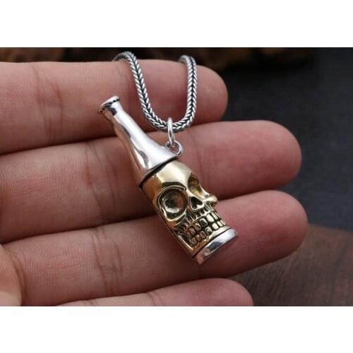 925 Sterling Silver beer bottle style skull pendant men women jewelry A4453