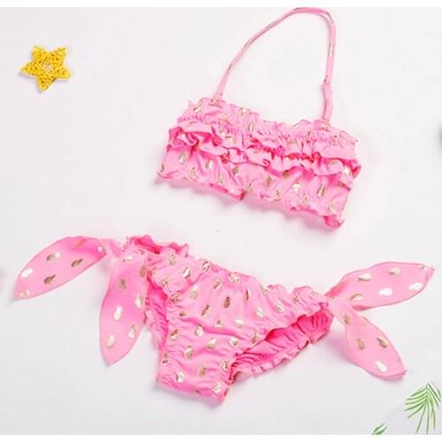 Infant Kid Girls Swimsuit Ruched Bikini Solid Wave Pineapple Print Swimwear Two Piece Bikini Sets Bathing Suit Beachwear 2021