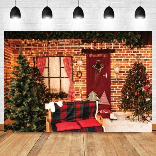 Laeacco Christmas Tree Outdoor Brick Wall Sofa Birthday Portrait Custom Photo Background Photographic Backdrop For Photo Studio