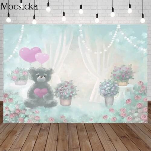 Mocsicka Rose Flower Photography Background Toy Bear Love Balloon Child Birthday Backdrop Newborn Baby Decoration Props Studio