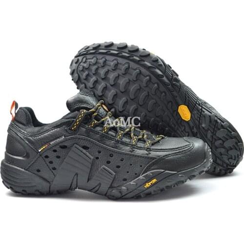 New Merrell Men Light Genuine Leather Outdoor Sports Shoes V Bottom All Black Cross-Country Mountain Climbing Sneakers 39-45