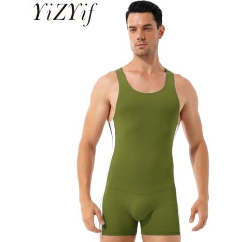 Mens Sports Jumpsuit Stripe Athletic Wrestling Skinny Bodysuit Stretchy Leotard Round Neck Sleeveless Gym Fitness Sportswear