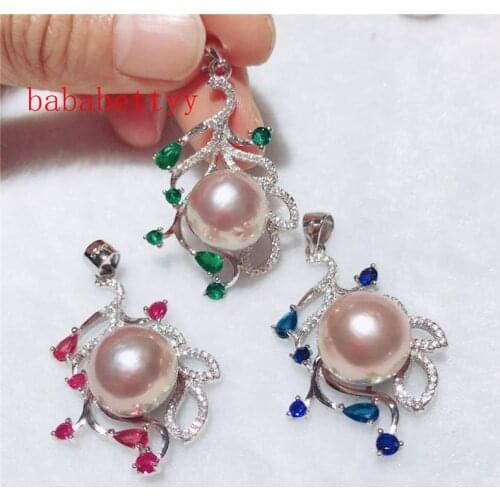 New natural freshwater Edison 12-13 mm pearl peacock inlay zircon pendant