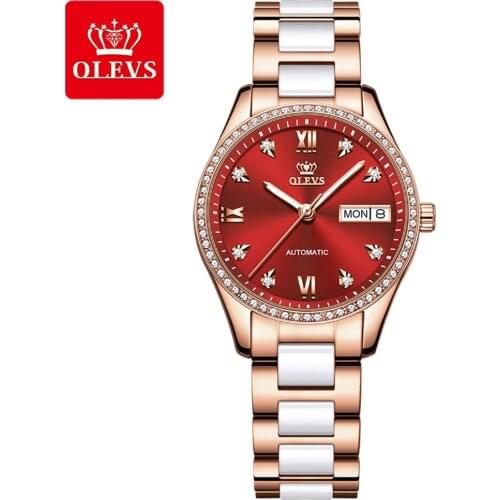 OLEVS Luxury Brand Automatic Watch for Women Ceramic Steel Strap Mechanical Watch Diamond Waterproof Female Clock Montre Femme