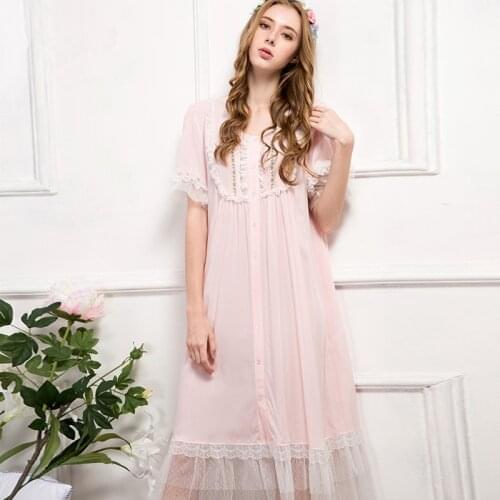 Pink Nightgown Summer Sleepwear Women Nightdress Lace Vintage