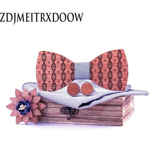 Silver grey Wood Gentleman Pocket Square Collar Button Engraving pattern Bow Ties Handmade Butterfly Party Wooden Tie Suit