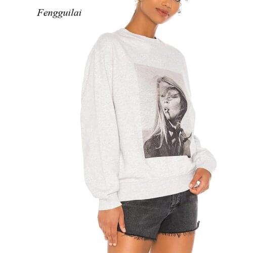 Spring and Autumn Womens Plus Size Gray White French Retro Character Print Pullover Womens Fashion Pullover Hoodie