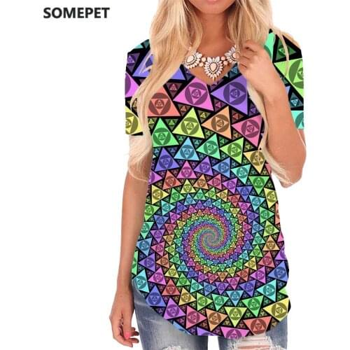 SOMEPET Geometric T-shirt women Psychedelic Shirt Print Vortex V-neck Tshirt Triangle Funny T shirts Womens Clothing Hip hop