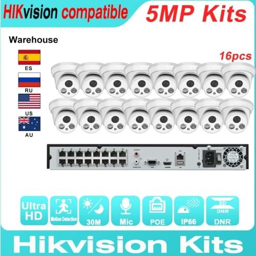 Hikvision Compatible Kits DS-7616NI-Q2/16P 16POE NVR With 5MP IP Camera POE 30M IR Built-in MIC 16PCS Smart Security CCTV System