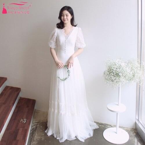 Short Lace Sleeve Wedding Dresses Puff Sleeve V-Neck Fashion Bridal Gowns Floor Length A-Line Vestido De Noivas ZW439
