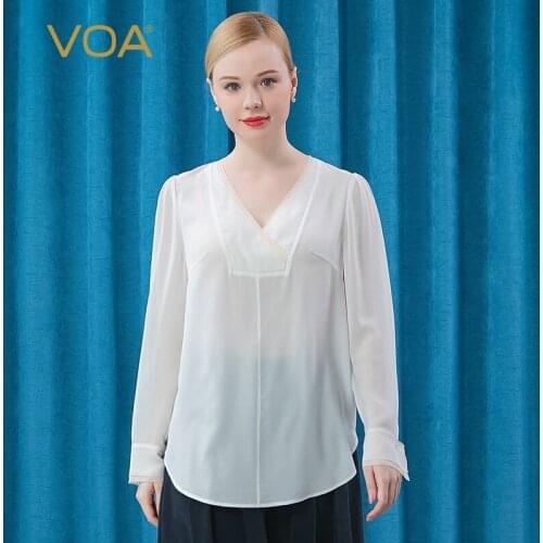 VOA Silk Crepe De Chine White Arch Needle Edging V-neck Stitching Long Sleeve Office Lady Fashion T-shirt for Women BE503