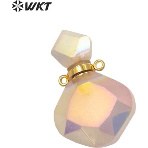 WT-P1675 WKT Gorgeous gold Electroplated Aura Rose quartz stone perfume bottle pendant for necklace design Pink Angel bottle