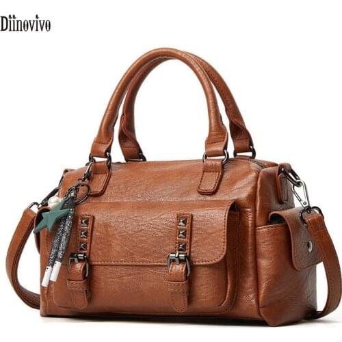 DIINOVIVO New 2021 Retro Ladies Handbag Rivet Pocket Design Female Shoulder Bag PU Leather Crossbody Bag Boston Handbag WHDV1887