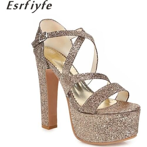 ESRFIYFE 2021 New Summer Womens Peep Toe Platfrom Super High Heel Party Dress Bling Sandals Sexy Shoes Woman Large Size 34-48