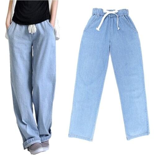 New Plus size comfortable Washed blue loose wide leg denim pants womens jeans elastic waist cowboy full long trousers pants