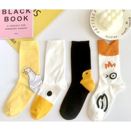 Womens autumn and winter white goose socks Japanese animation lovely cartoon little yellow duck medium tube cotton stockings