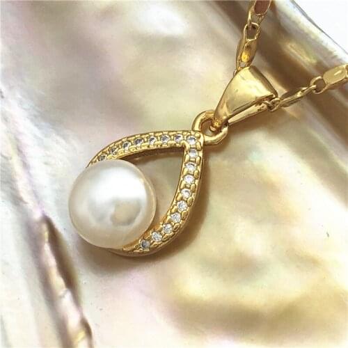 Ladys 5 colors new white/black/purple/grey/pink 12-14mm natural freshwater pearls 18kgp inlay zircon pendant with chain 10