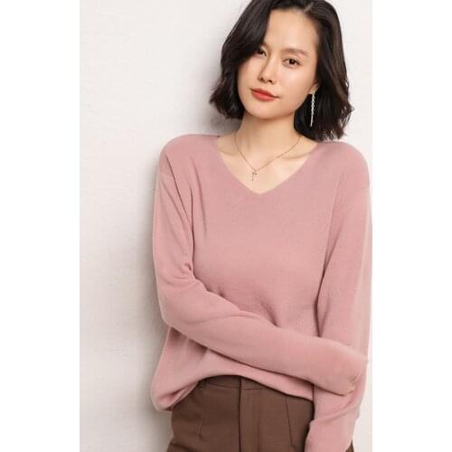 Womens Autumn Winter Warm Sweater Knitting Jumper Female Sweater V-neck Long Sleeve Sweater 100% Cashmere Merino Wool