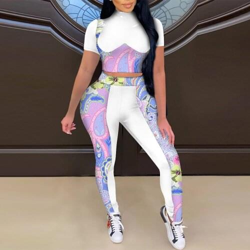 Bandanna Print Casual Two Piece Sport Suit Women Short Sleeve Bandage Crop Top and Jogger Sweatpant Summer Athleisure Outfits