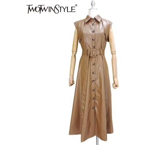 TWOTWINSTYLE PU Leather Casual Girdle Slim Long Dress Female Lapel Sleeveless High Waist Maxi Dresses For Women 2021 Fashion New
