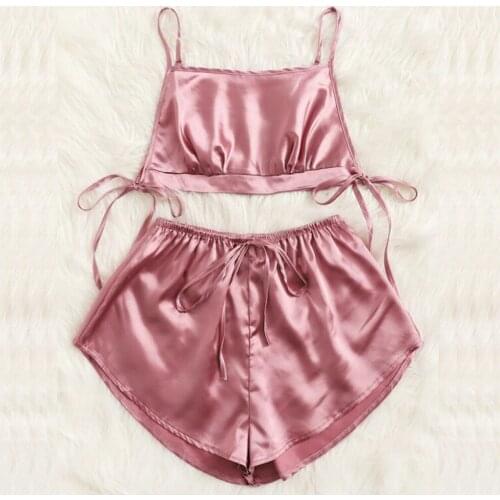 Women Lingerie Fashion Sexy Satin Solid Color Sling Lacing Bowknot Sleepwear Pajamas Ladies Underwear Set Tops + Pants Interior