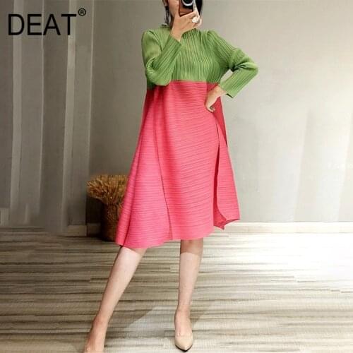 DEAT 2021 New Summer Fashion Women Pleated Dress Hit Color Loose Elegant Stand Collar Knee-length Full Sleeve Over Size TX544