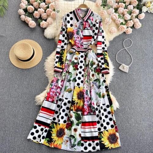 Womens Long Sleeve Vintage Boho Floral Printed Striped Pleated Holiday Vestidos Autumn Runway Sunflower Dot Maxi Dresses 8614