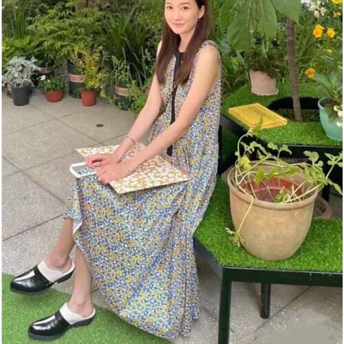 Women Midi Dress Yellow Flower Print 2021 Summer New Ladies Pleated Ruffled Long Dress Sleeveless Loose Robes for Holiday