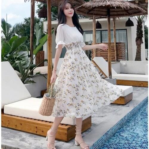 Summer New Women Long Chiffon Dress Print Elastic Waist Temperament Office Lady Ruffles Empire Ladies Dresses Vestidos Elegantes