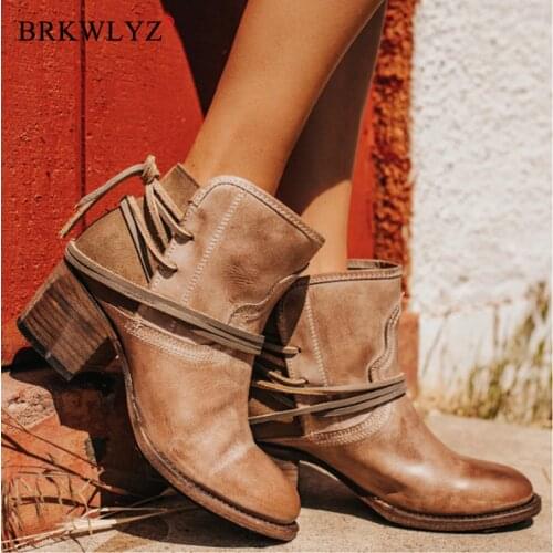 Winter Women Biker Ankle Boots PU Leather Wipe Color High Heel Lace Up Rubber Round Toe Black Platform Ladies Shoes