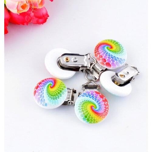 10PCs Baby Pacifier Clips Mixed Multicolor Pattern White Wood Metal Holders Cute Infant Soother Clasps Accessories 4.4x2.9cm