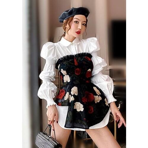 2 Pcs Hot Sale Women White Long Puff Sleeve Shirts Blouse And Lace Ruffles Embroidery Floral Crops Wrap Workwear Shirts NZ113