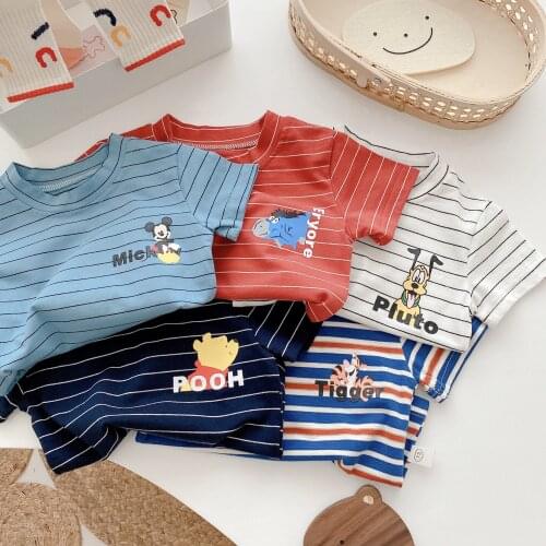 2021 Disney Cartoon Childrens Striped Short-sleeved T-shirt Boy T-shirt Cotton Baby Summer New Coat Girl T-shirt
