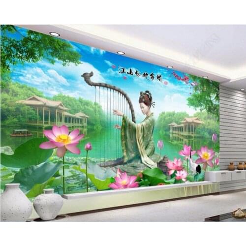 3d wallpaper custom Non-woven and silk mural lake lotus fairy played Musical Instruments painting photo wallpaper for walls 3 d
