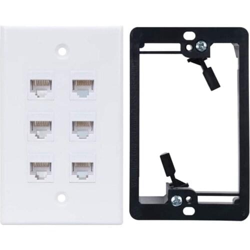 Cat6 Wall Plate 6 Port with 1 Gang Low Voltage Mounting Bracket for Cat5E, Cat6, Cat6A, Cat7 Networking Cables, White