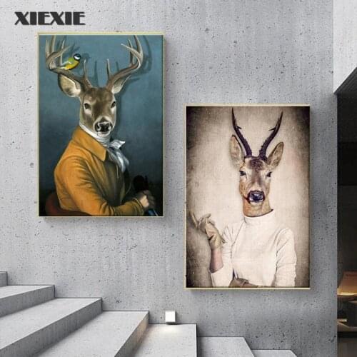 Abstract Suit Deer Canvas Paintings Art Posters and Wall Art Prints Fashion Animal Funny Pictures for Living Room Decoration