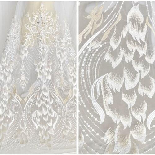 Fire feather sequins embroidered lace wedding dress fabric scrim material diy handmade clothing accessories decorative materials