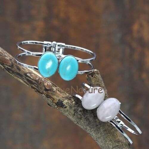 Synthetic Turquoises Howlite Rose Quartzs Oval Shape Charm Bracelet Silver Finish Bangle Women Jewelry Double Torque BM7723