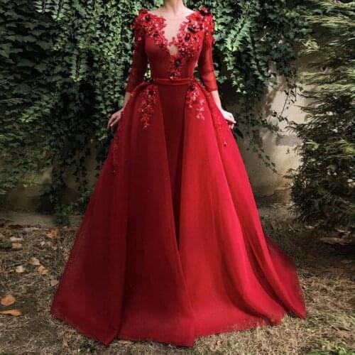 Red Evening Dresses Scoop Appliques Lace Handmade Flowers Half Sleeves Arabic Dubai Prom Dress for Party Gowns robe de soiree