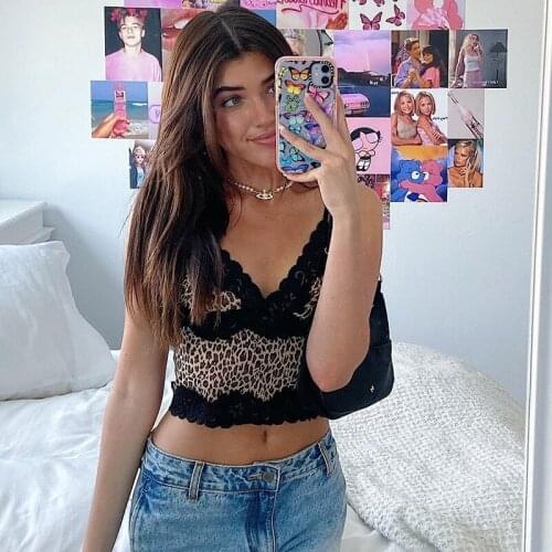 Lace Edge Cute Kawaii Clothes Sweety Girls' Crop Top Female Sleeveless V Neck Slim Sexy Leopard Top 90s Clubwear