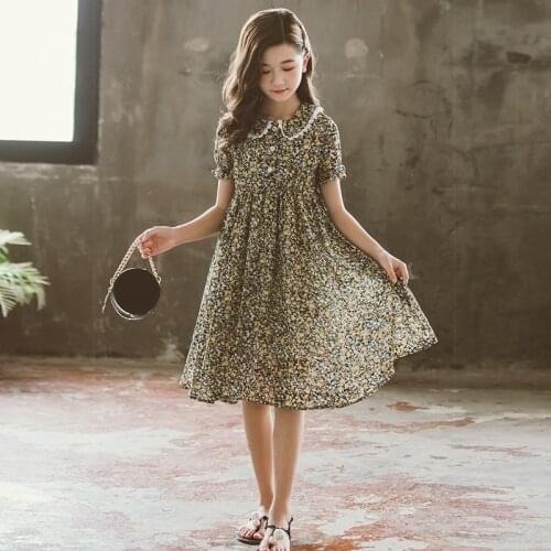 Summer Floral Chiffon Dress for Girls Boho Kids Clothes Girls Vintage Farmhouse Long Beach Dresses Flowers Teenage Girl Clothing