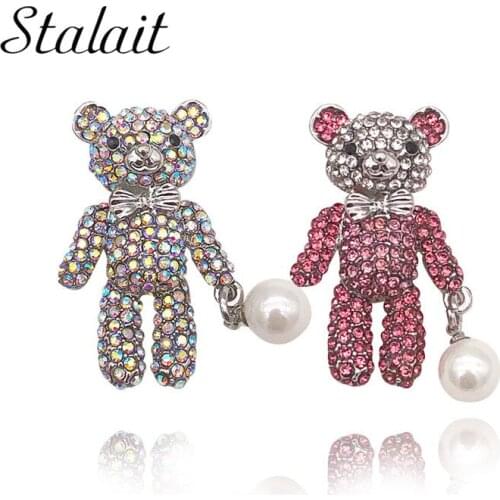 Cute Full Rhinestone Teddy Bear Brooches Valentines Day AB Color Pink Bowknot Pearl Corsage Famale Brooch Jewelry Accessories